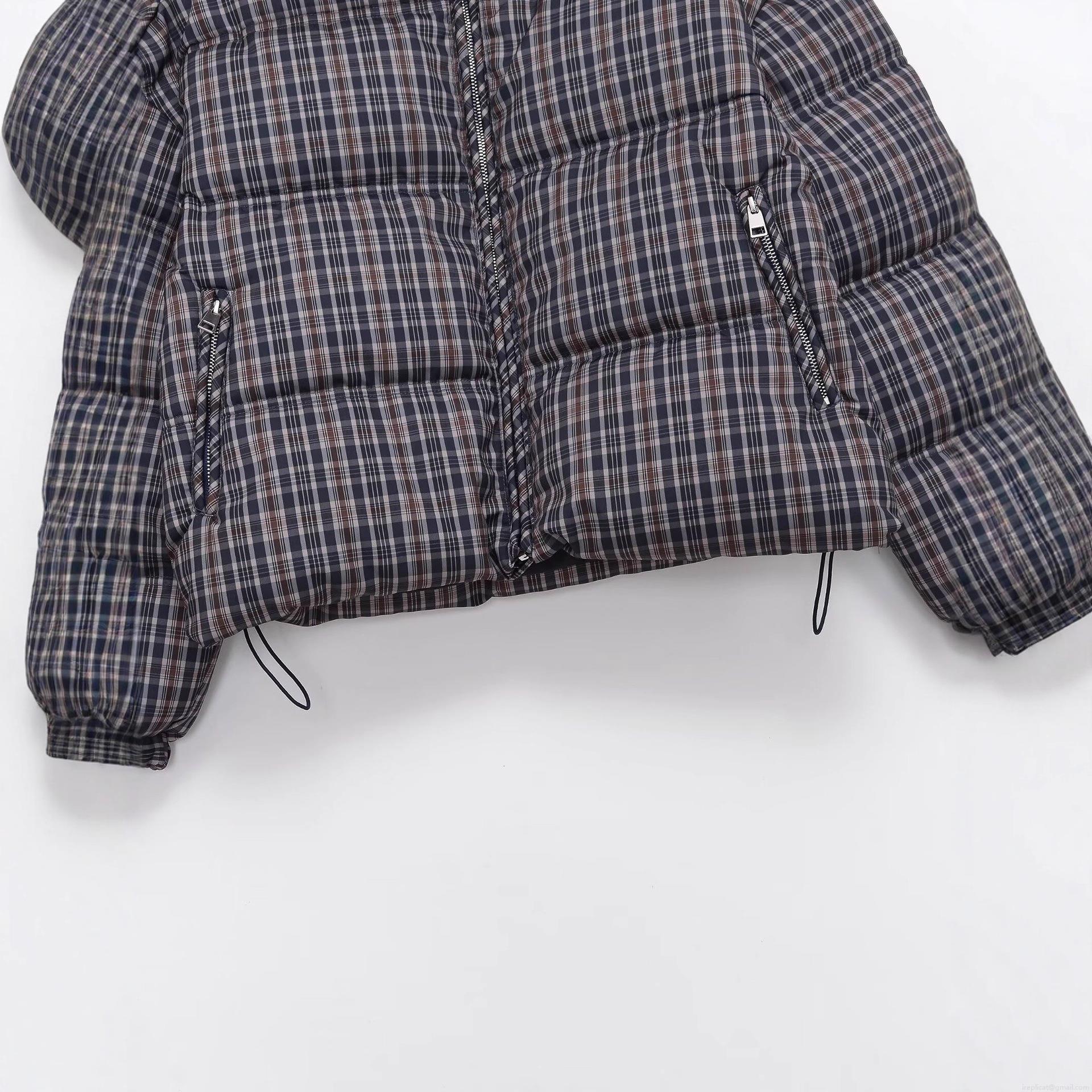 Women's Plaid Padded Jacket Vintage Grey Blue Checked Quilted Coat With Stand Collar Drawstring Hem Long Sleeve Winter Warm Outerwear For Women Streetwear