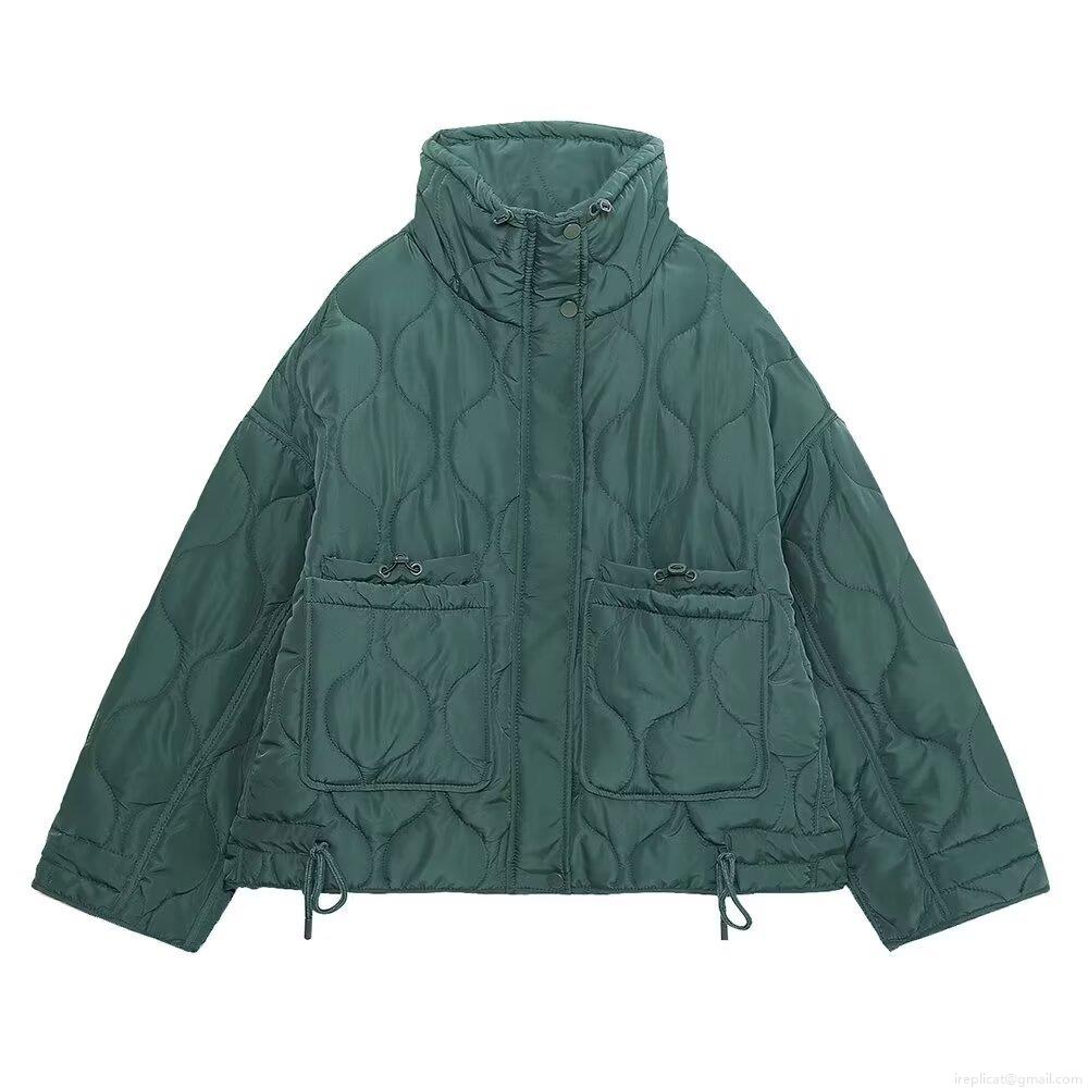 Women's Quilted Puffer Jacket Lightweight Wavy Pattern Mock Neck Zip Up Padded Outerwear With Large Pockets Drawstring Hem For Winter Autumn Streetwear