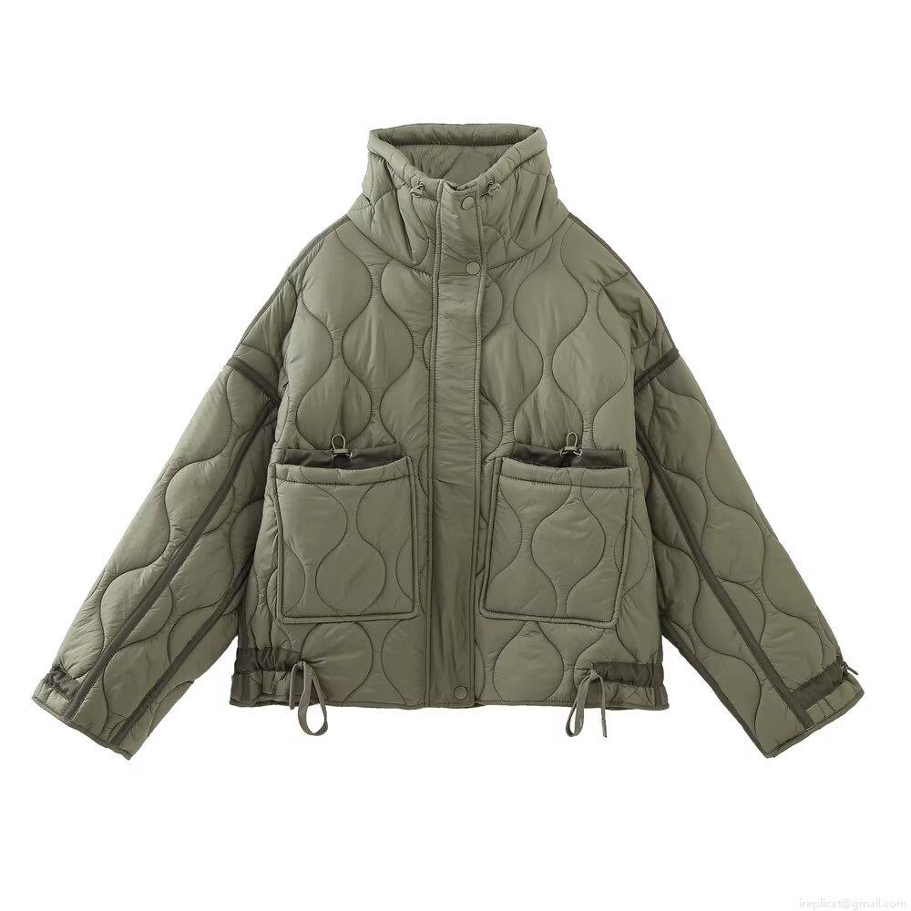 Women's Quilted Puffer Jacket Lightweight Wavy Pattern Mock Neck Zip Up Padded Outerwear With Large Pockets Drawstring Hem For Winter Autumn Streetwear