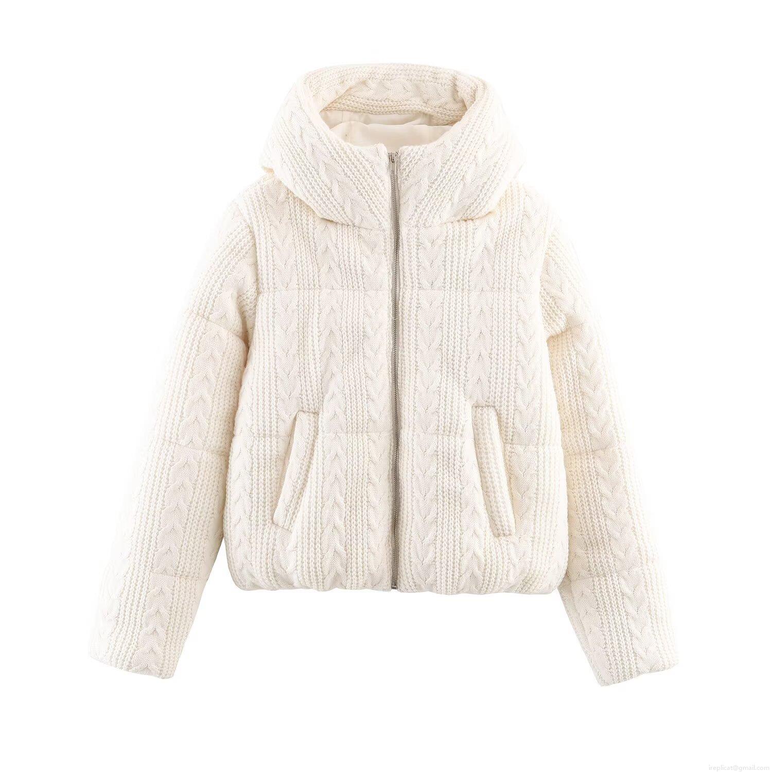 Women's Hooded Puffer Jacket Polyester Padded Cable Knit Textured Outerwear Winter Warm Long Sleeve Zipper Coat Street Style Casual Fashion Short Jacket