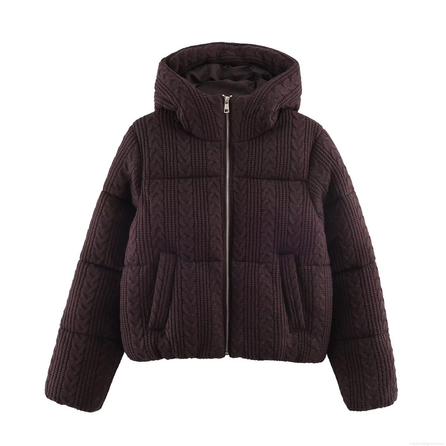 Women's Hooded Puffer Jacket Polyester Padded Cable Knit Textured Outerwear Winter Warm Long Sleeve Zipper Coat Street Style Casual Fashion Short Jacket
