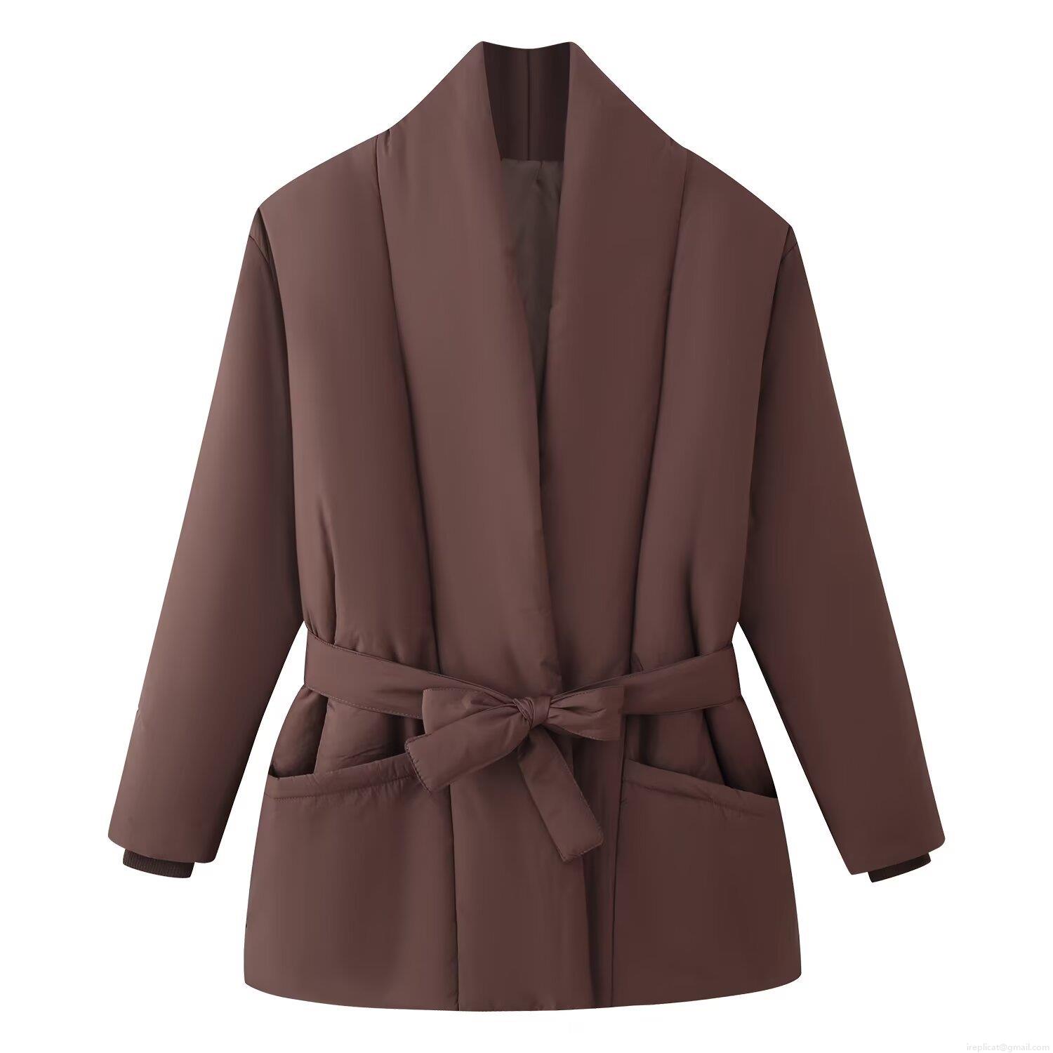 Women's Winter Puffer Cotton Jacket Belted Waist Solid Color Warm Parka Outerwear Streetwear Ladies Long Sleeve Deep Brown Coat