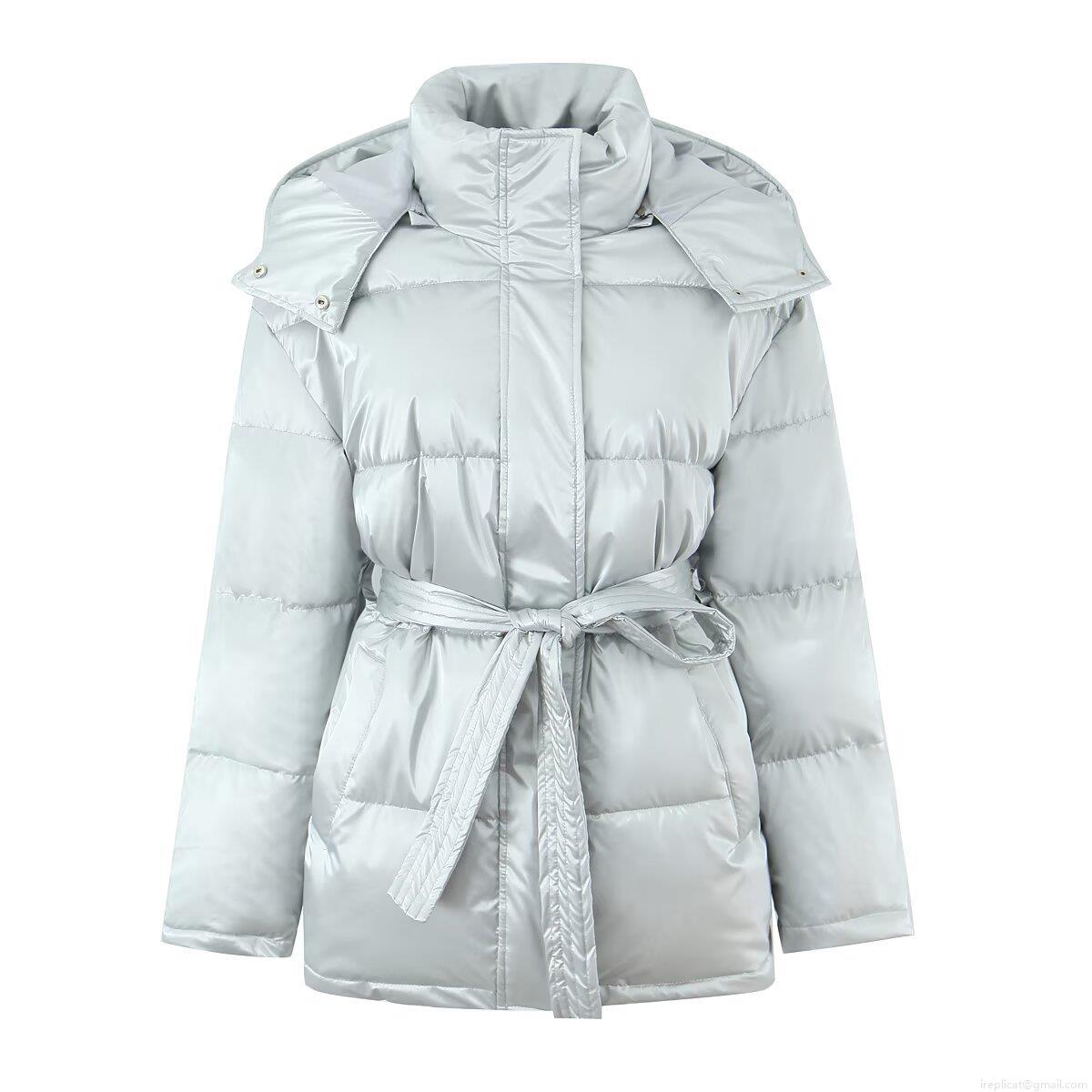 Women's Glossy Puffer Jacket Hooded Mid-Long Padded Cotton Coat With Waist Tie Winter Warm Windproof Outerwear Fashion Streetwear Ladies Padded Jacket