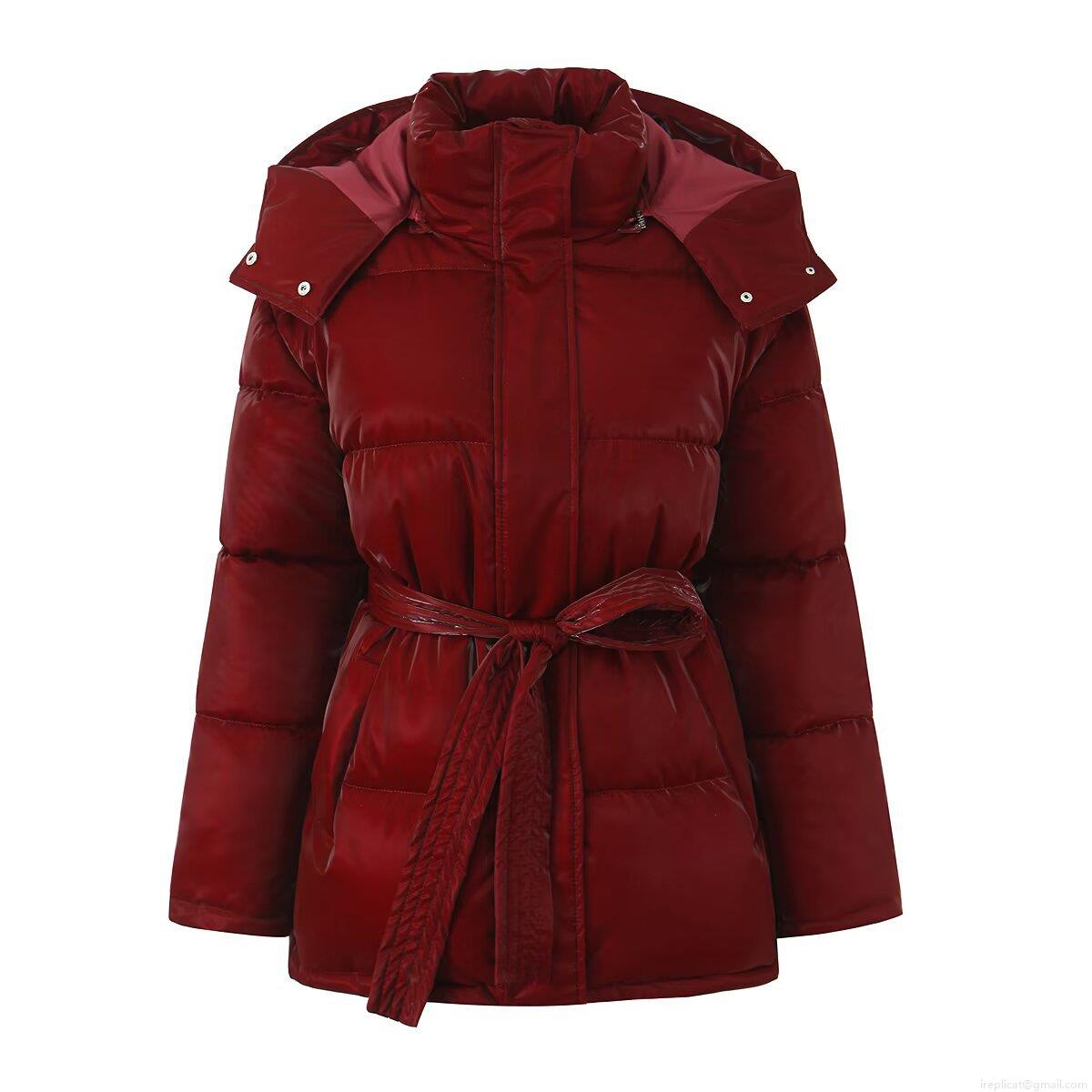 Women's Glossy Puffer Jacket Hooded Mid-Long Padded Cotton Coat With Waist Tie Winter Warm Windproof Outerwear Fashion Streetwear Ladies Padded Jacket