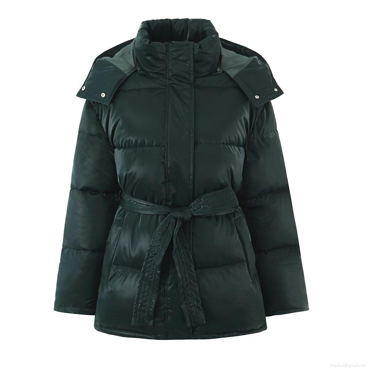 Women's Glossy Puffer Jacket Hooded Mid-Long Padded Cotton Coat With Waist Tie Winter Warm Windproof Outerwear Fashion Streetwear Ladies Padded Jacket