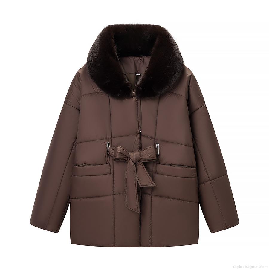 Women's Winter Padded Jacket With Detachable Faux Fur Collar Quilted Slim Waist Tie-Up Coat Long Sleeve Thick Streetwear Outwear Brown Black