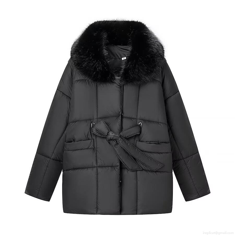 Women's Winter Padded Jacket With Detachable Faux Fur Collar Quilted Slim Waist Tie-Up Coat Long Sleeve Thick Streetwear Outwear Brown Black