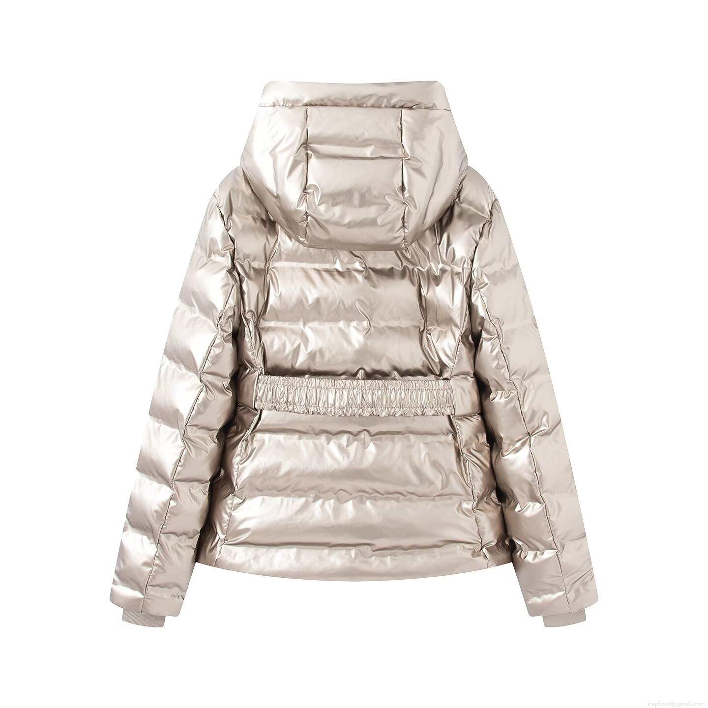 Women's Metallic Glossy Puffer Jacket With Belt Hooded Slim Fit Mid-Length Winter Cotton Padded Coat Outdoor Warm Outerwear For Women