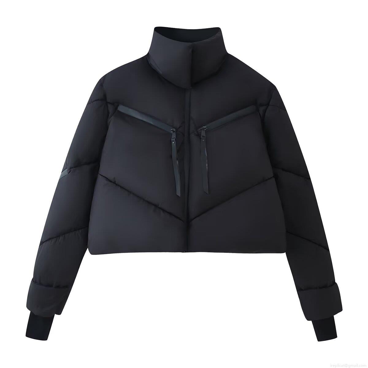 Women European Street Style Stand Collar Long Sleeve Cotton Padded Jacket Loose Fit Contrast Zipper Winter Warm Puffer Coat With Pockets