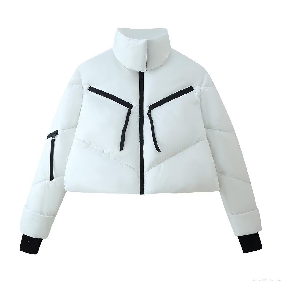 Women European Street Style Stand Collar Long Sleeve Cotton Padded Jacket Loose Fit Contrast Zipper Winter Warm Puffer Coat With Pockets