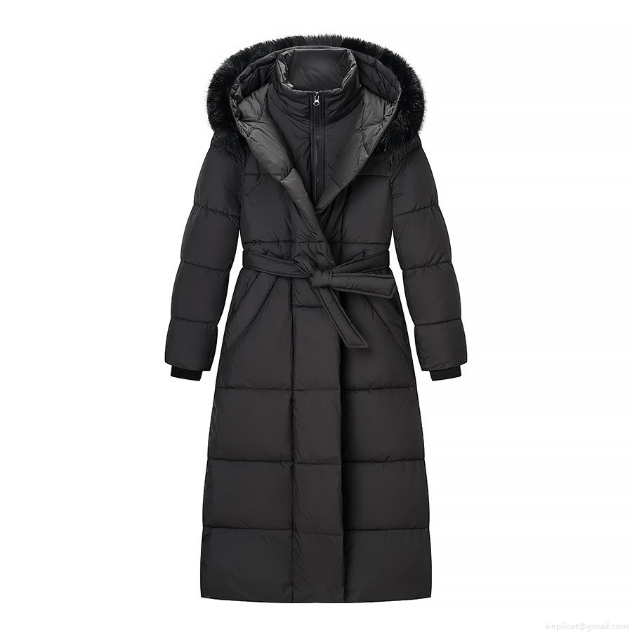 Women's Long Puffer Jacket Faux Fur Collar Hooded Warm Windproof Quilted Winter Coat For Ladies Solid Color Streetwear Outerwear With Waist Belt