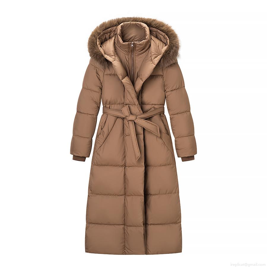 Women's Long Puffer Jacket Faux Fur Collar Hooded Warm Windproof Quilted Winter Coat For Ladies Solid Color Streetwear Outerwear With Waist Belt