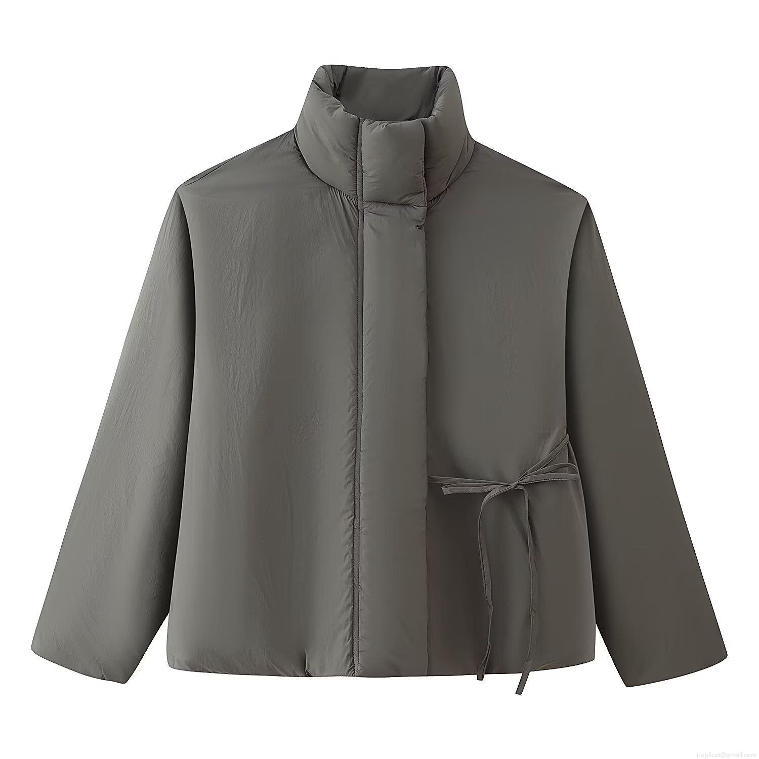 Women's Short Puffer Jacket Stand Collar Long Sleeve Tie Waist Cotton Padded Coat Casual Loose Solid Color Warm Polyester Outerwear For Autumn Winter Ladies
