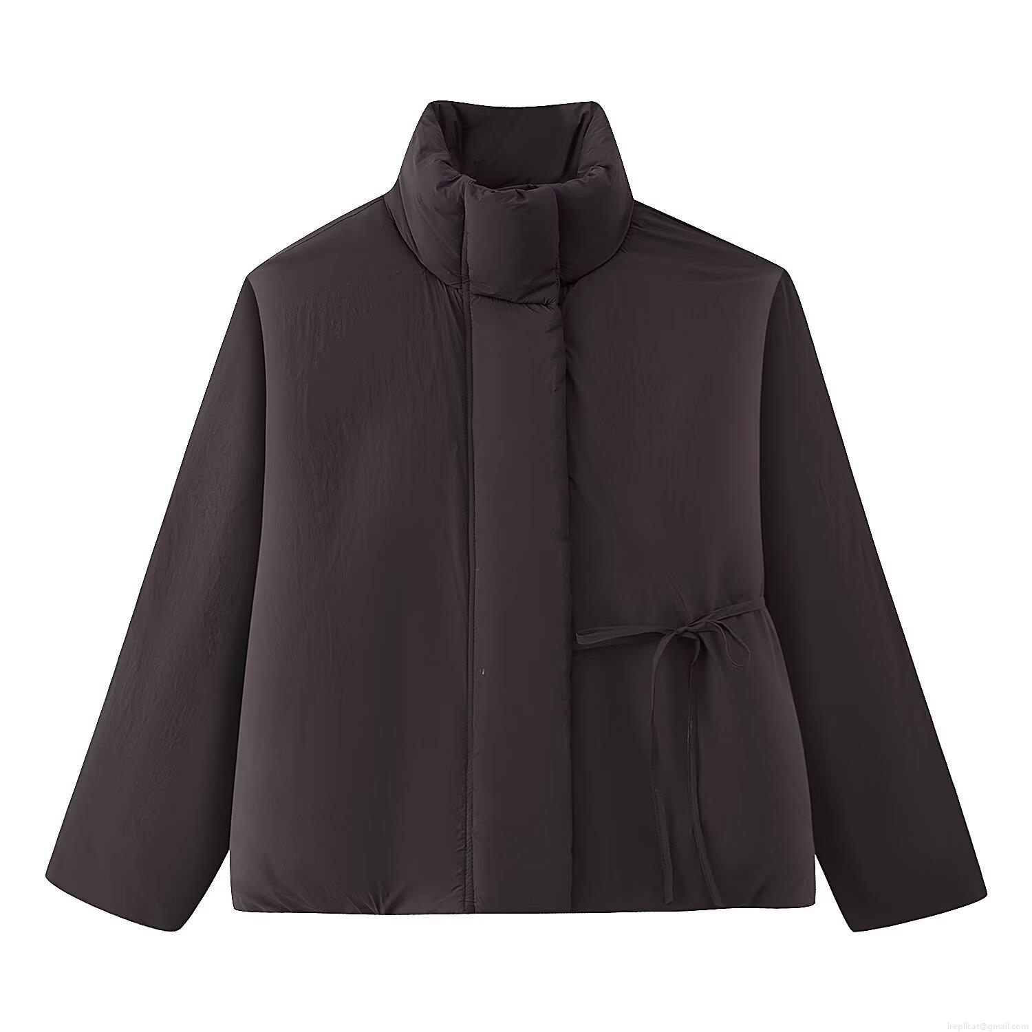 Women's Short Puffer Jacket Stand Collar Long Sleeve Tie Waist Cotton Padded Coat Casual Loose Solid Color Warm Polyester Outerwear For Autumn Winter Ladies