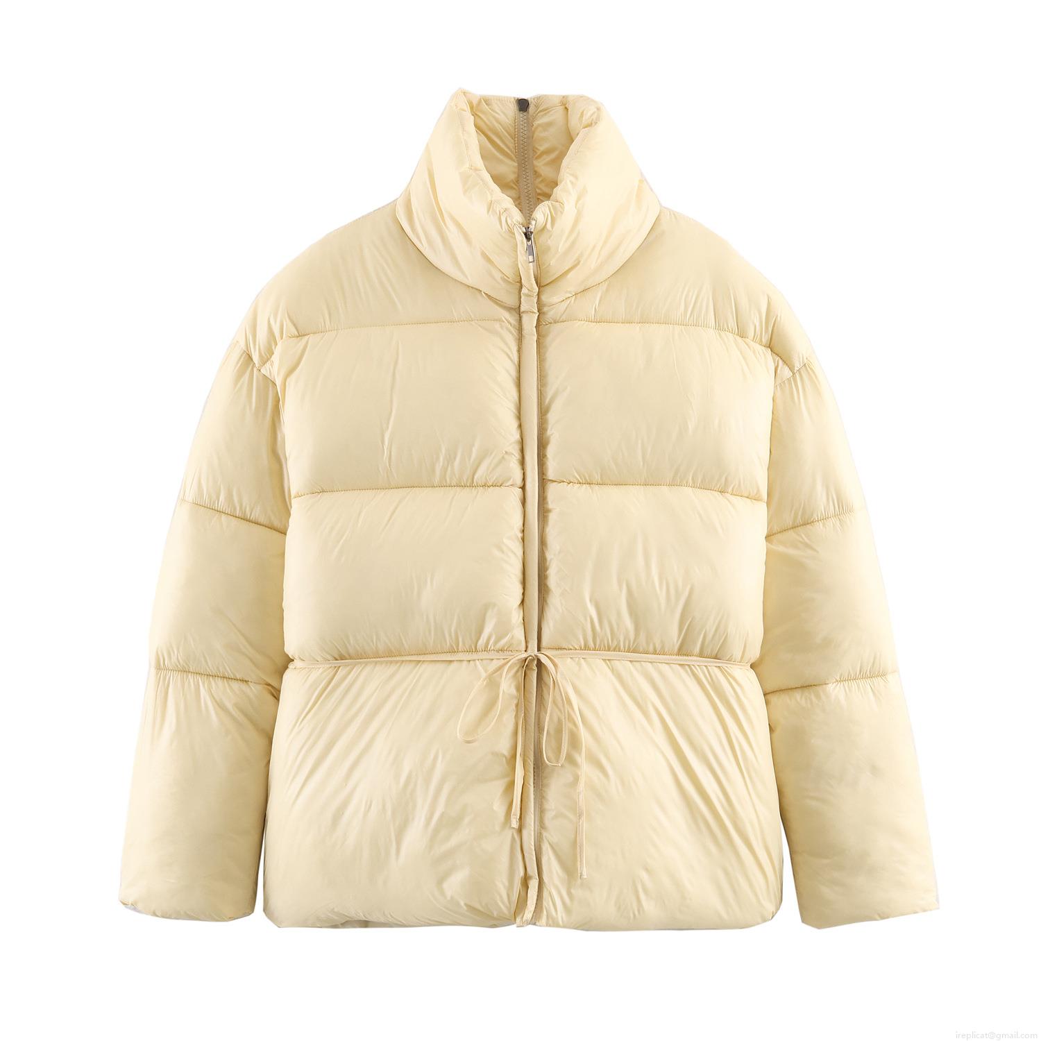 Women's Puffer Jacket White Duck Down Filled Warm Stand Collar Drawstring Waist Padded Coat Winter Casual Streetwear Ladies Windproof Outerwear