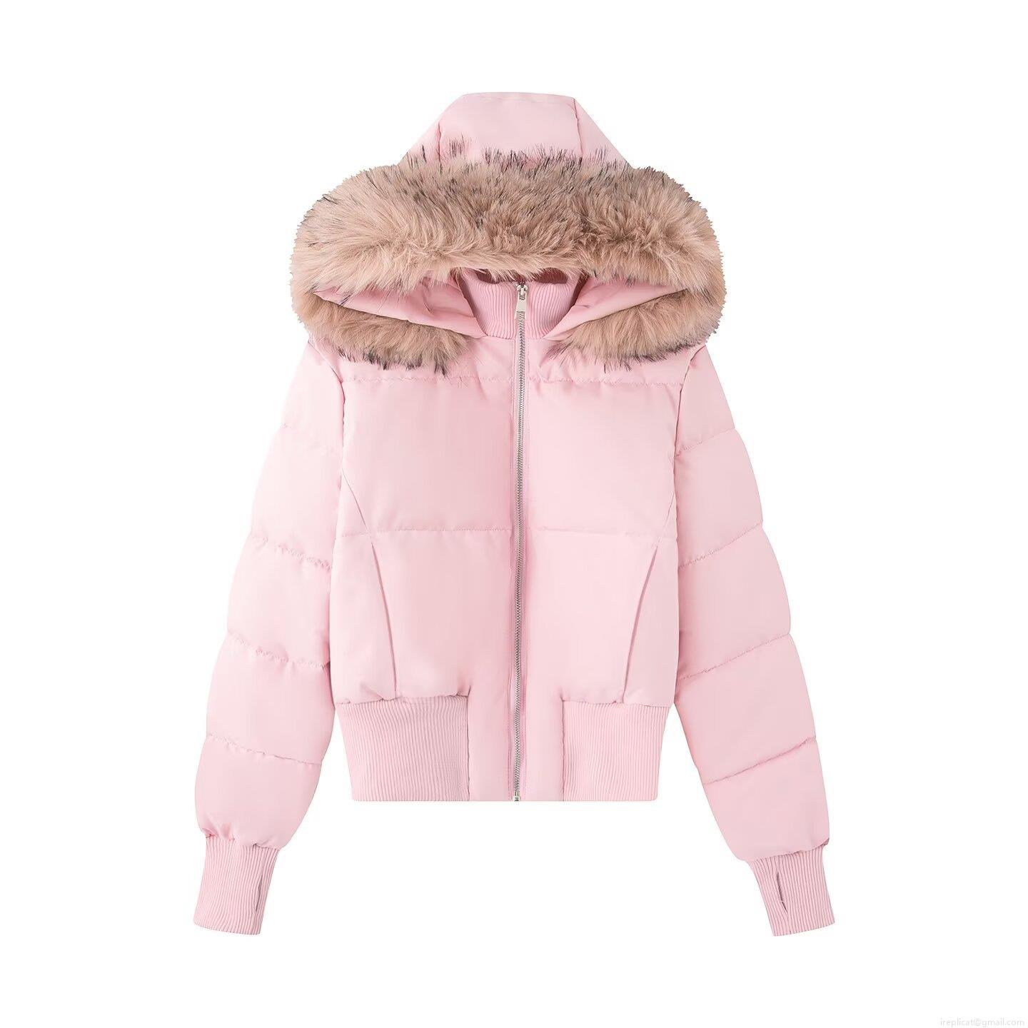 Women's Fashion Short Hooded Puffer Jacket With Removable Faux Fur Trim Casual Warm Winter Down Cotton Coat Zipper Ribbed Cuffs Thumb Hole Outerwear