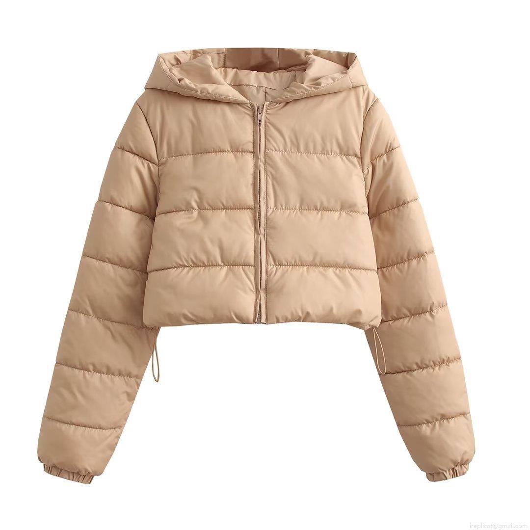 Women's Short Hooded Puffer Jacket Quilted Padded Parka Windproof Warm Winter Outwear With Zipper Drawstring Hem Slim Fit Solid Color Casual Coat