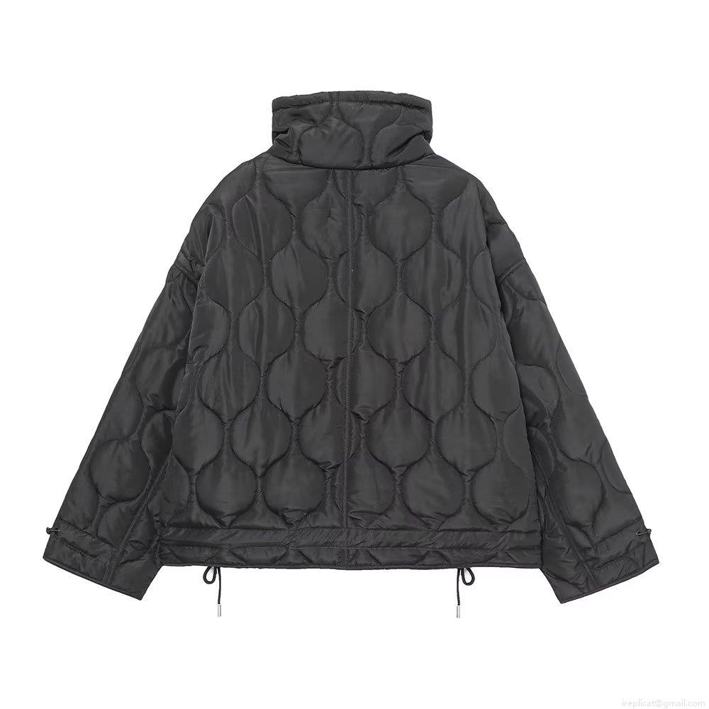 Women's Quilted Jacket 100% Polyester Wave Pattern Stand Collar With Utility Pockets Drawstring Hem Casual Warm Streetwear Lightweight Puffer Coat For Ladies