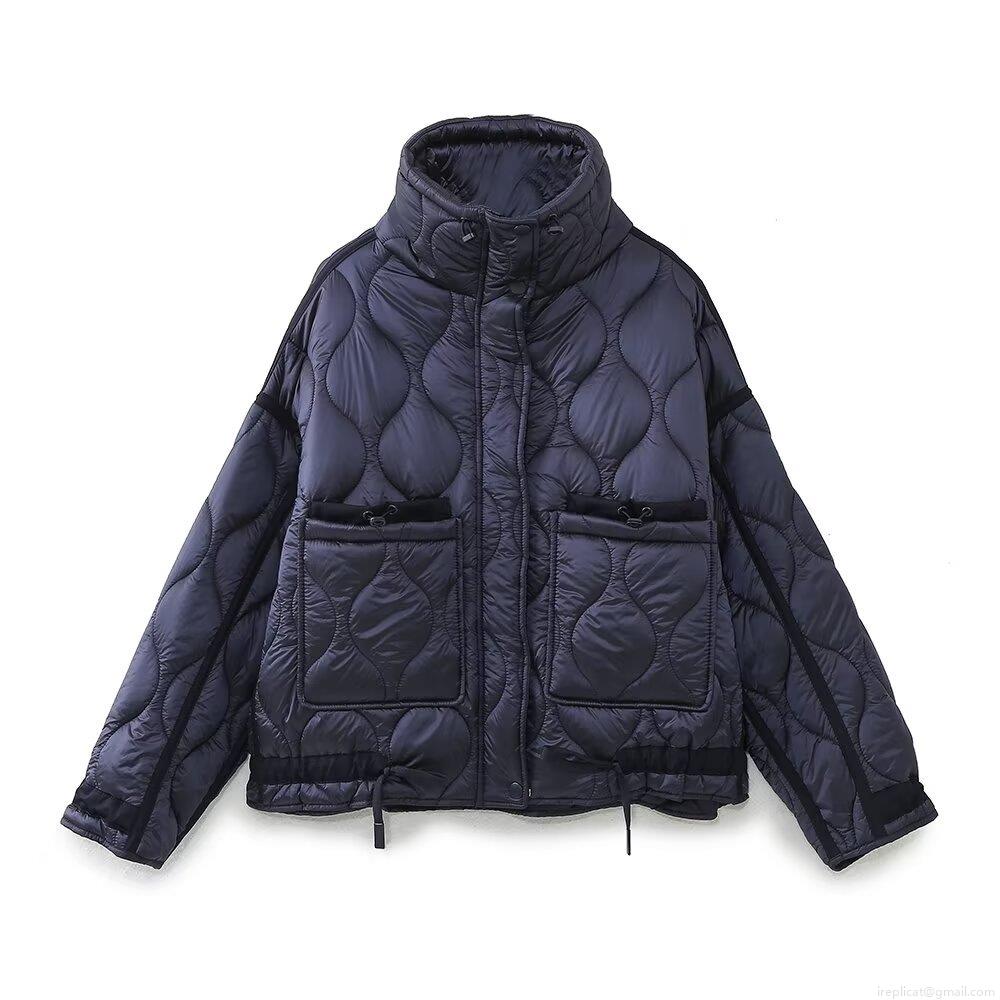 Women's Quilted Jacket 100% Polyester Wave Pattern Stand Collar With Utility Pockets Drawstring Hem Casual Warm Streetwear Lightweight Puffer Coat For Ladies