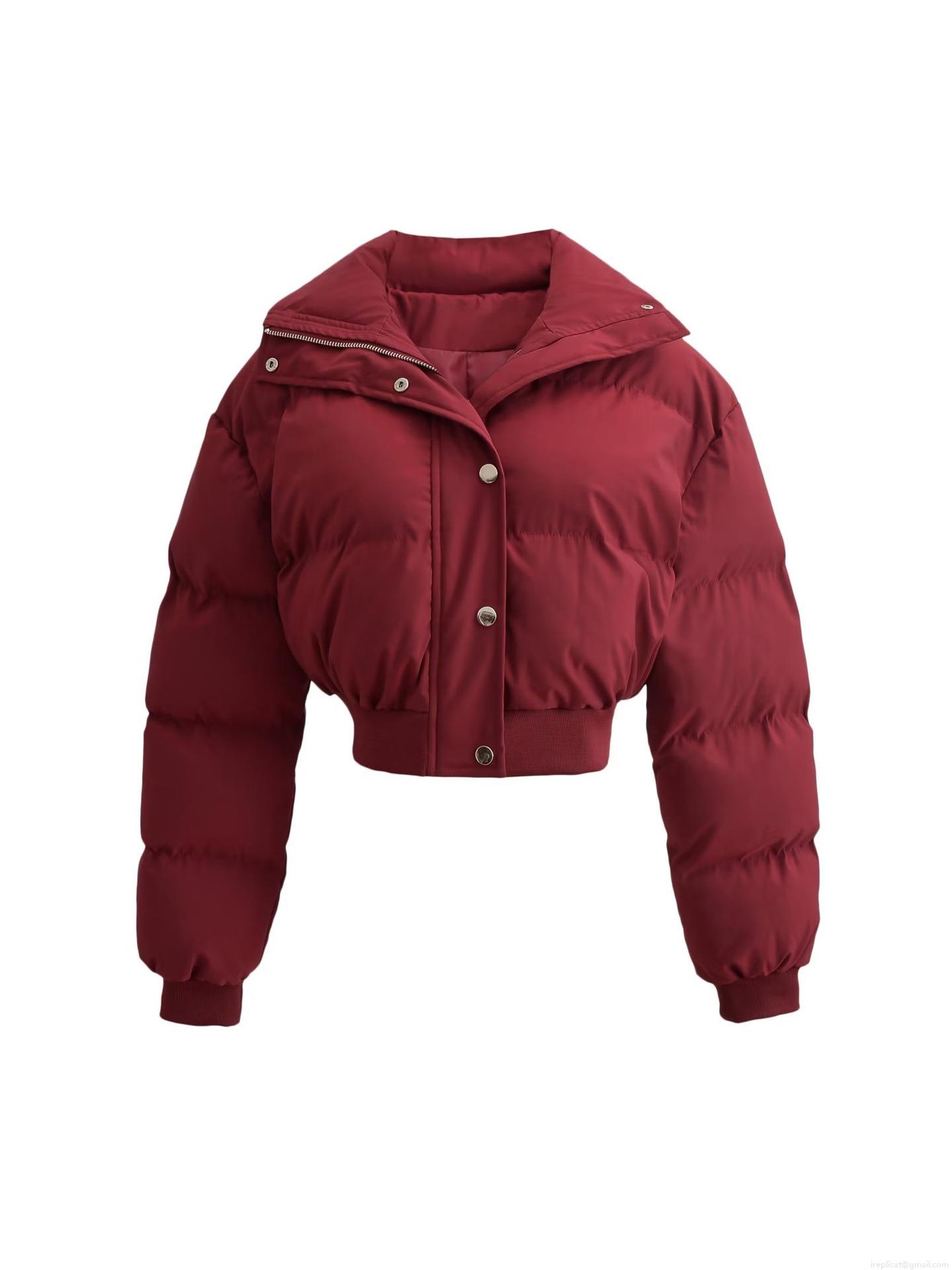 Women Winter Short Puffer Jacket Polyester Padded Coat Stand Collar Single-Breasted Zipper Quilted Outerwear Warm Windproof Bread Jacket For Ladies