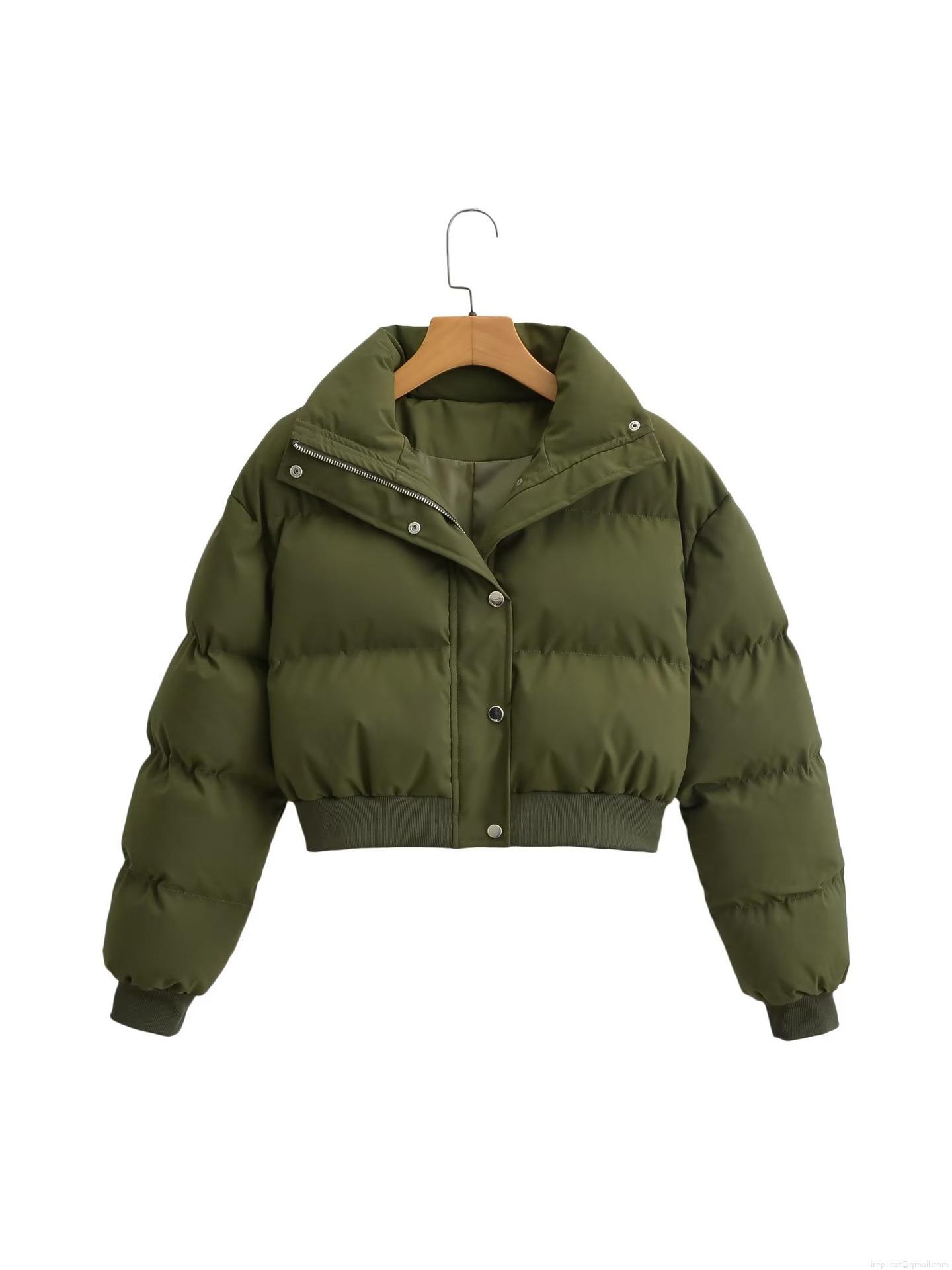 Women Winter Short Puffer Jacket Polyester Padded Coat Stand Collar Single-Breasted Zipper Quilted Outerwear Warm Windproof Bread Jacket For Ladies