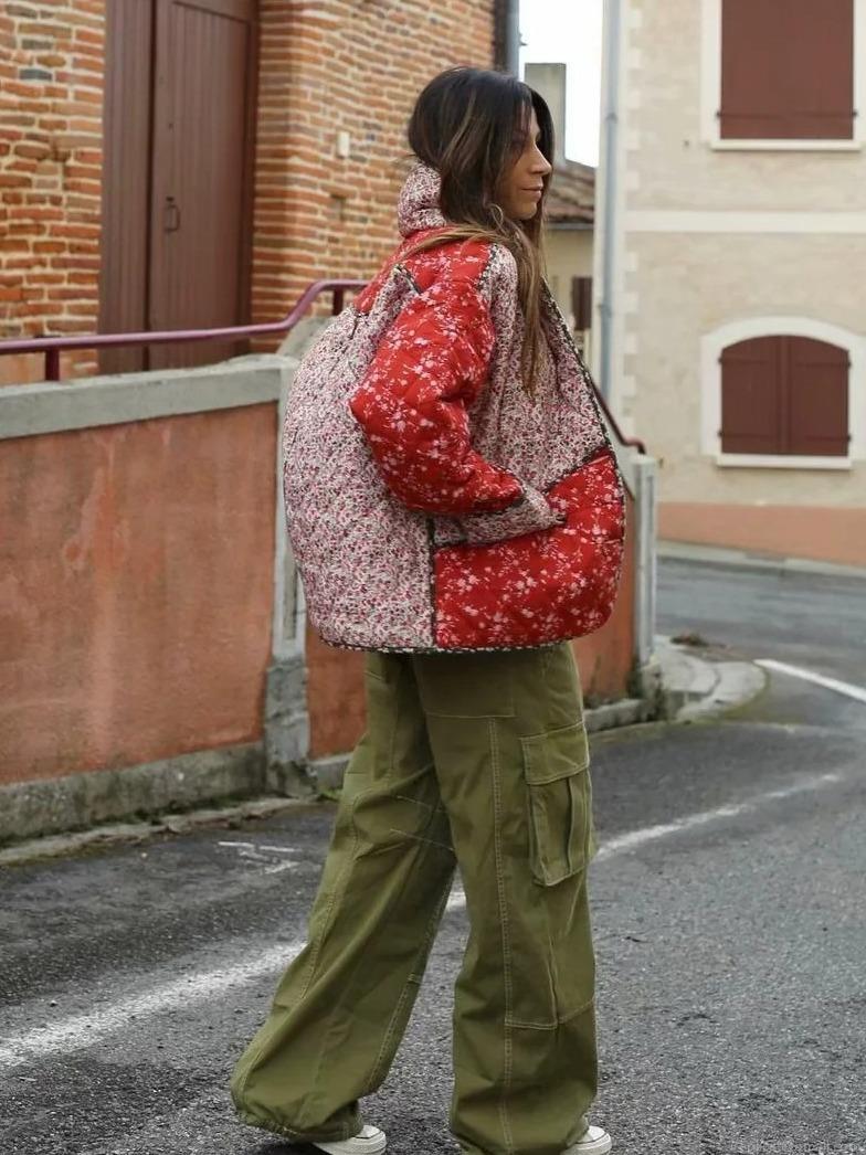 Women's Vintage Floral Print Quilted Jacket Patchwork Contrast Color Cotton Padded Coat Warm Winter Outerwear Ethnic Streetwear Style