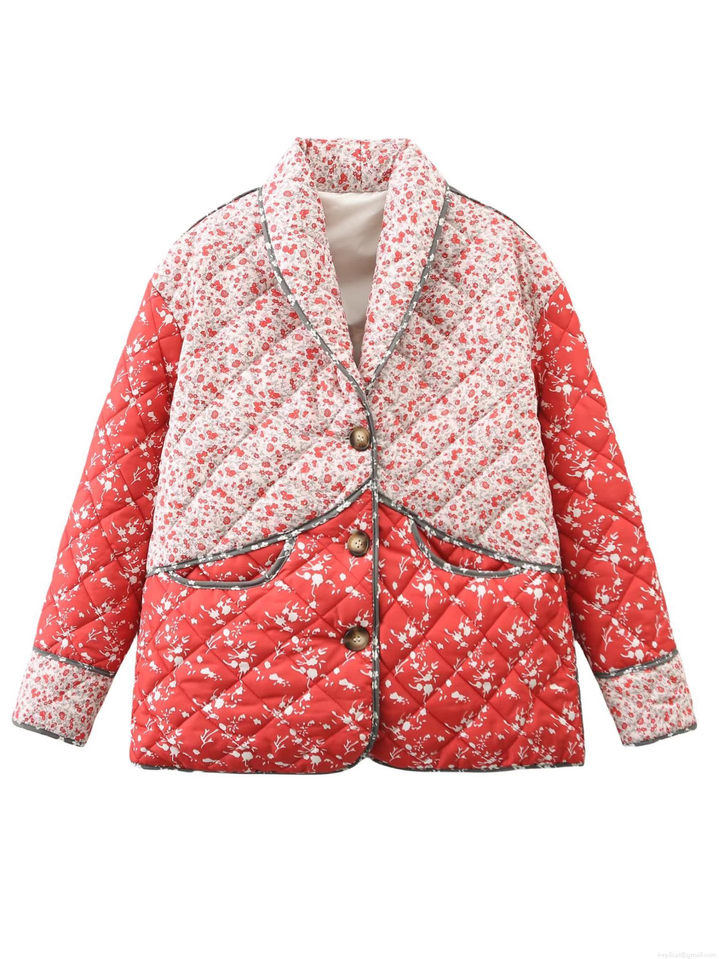 Women's Vintage Floral Print Quilted Jacket Patchwork Contrast Color Cotton Padded Coat Warm Winter Outerwear Ethnic Streetwear Style