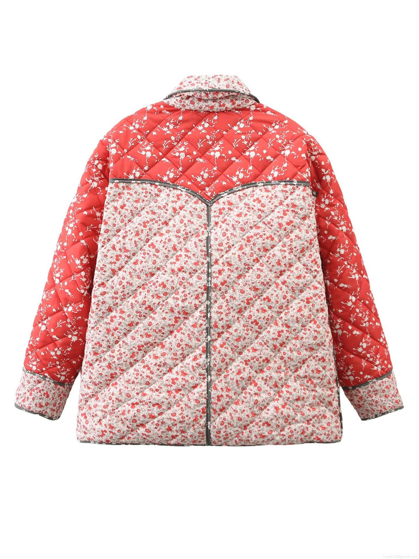 Women's Vintage Floral Print Quilted Jacket Patchwork Contrast Color Cotton Padded Coat Warm Winter Outerwear Ethnic Streetwear Style