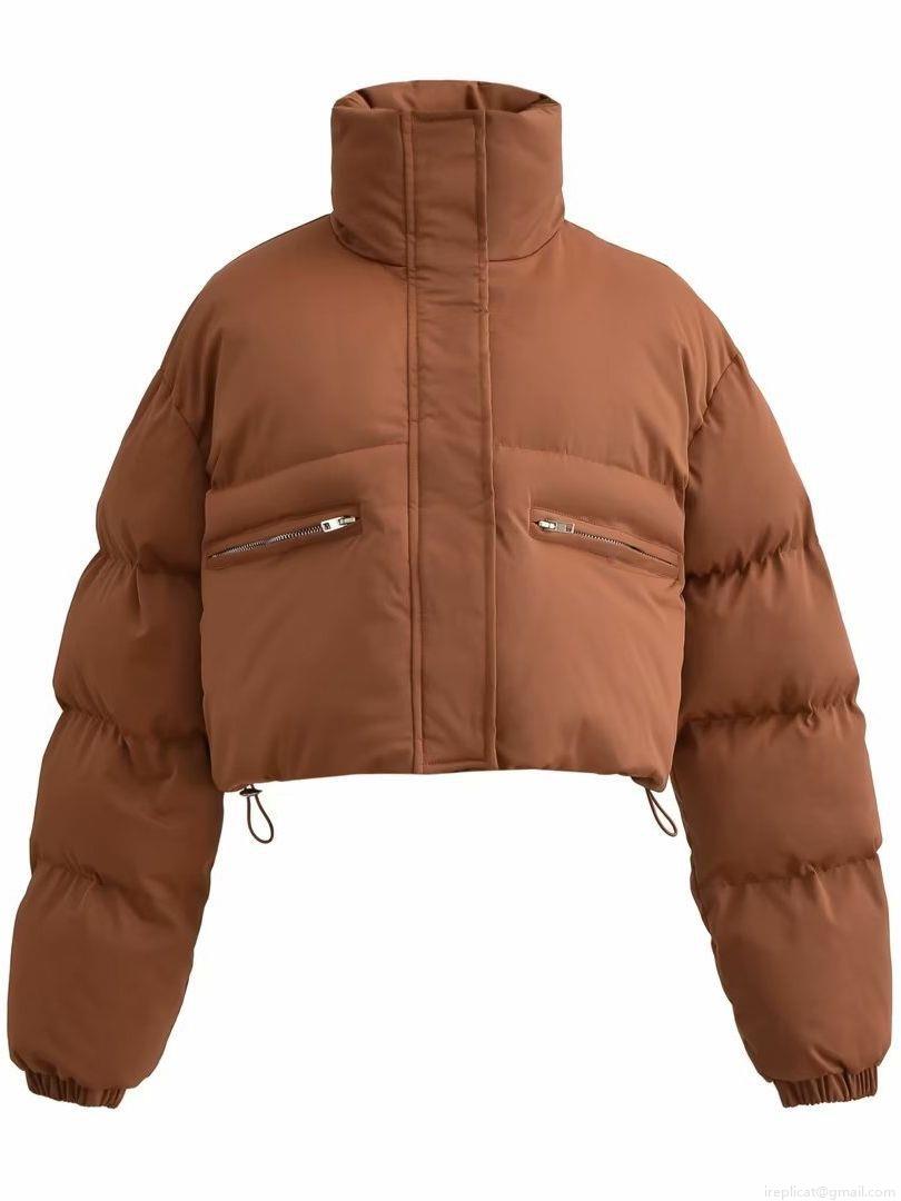 Women's Short Puffer Jacket Stand Collar Zipper Pocket Warm Winter Puffy Bread Coat Solid Color Streetwear Outerwear For Ladies