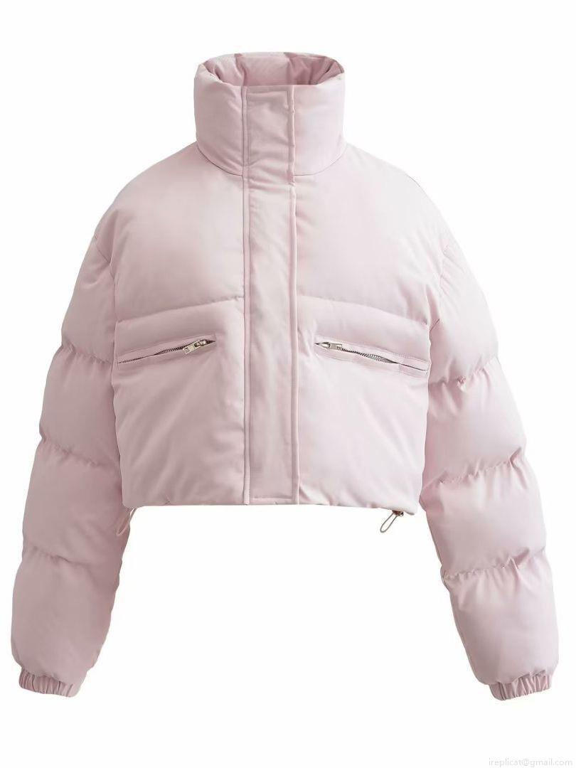 Women's Short Puffer Jacket Stand Collar Zipper Pocket Warm Winter Puffy Bread Coat Solid Color Streetwear Outerwear For Ladies