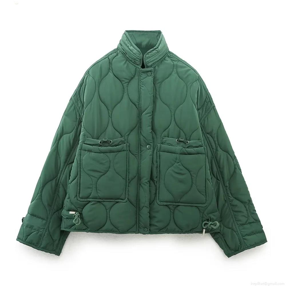 Women's Casual Wave Quilted Hooded Jacket Fashionable Faux Silk Cotton Padded Coat With Large Pockets And Drawstring Hem Warm Windproof Autumn Winter Outerwear For Ladies