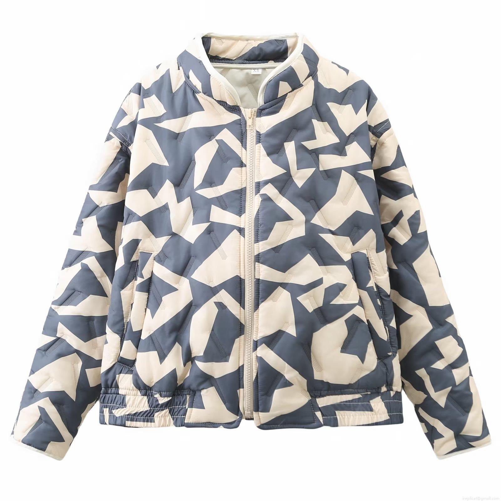 Women's Geometric Pattern Padded Jacket Streetwear Stand Collar Quilted Short Puffer Coat With Zip Closure Polyester Filling Warm Outerwear For Winter Autumn Women