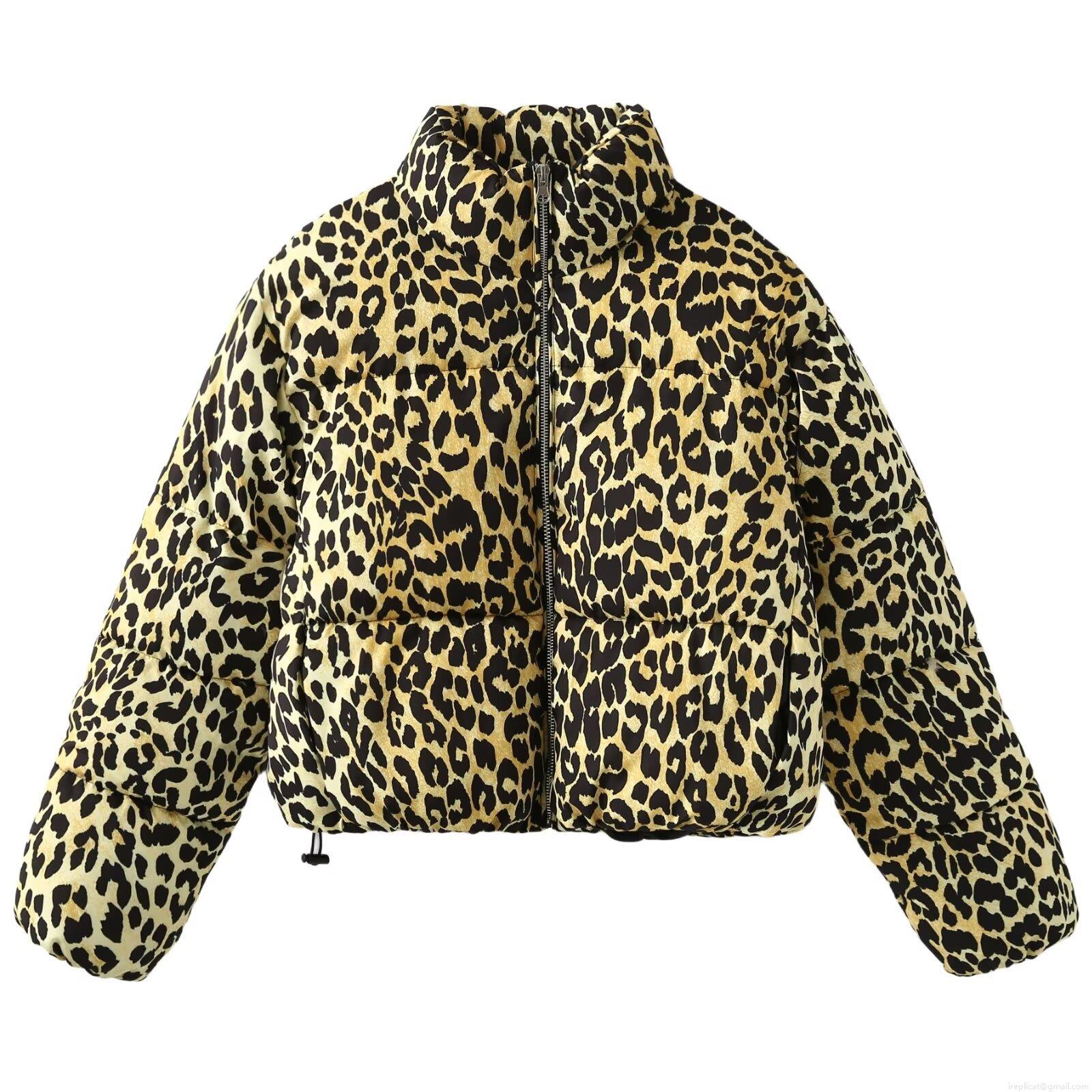 Women's Leopard Print Stand Collar Puffer Jacket Warm Zip Up Padded Coat Short Outerwear With Faux Silk Cotton Padding Fashion Streetwear For Autumn Winter