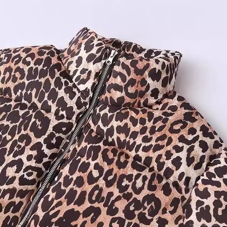 Women's Leopard Print Stand Collar Puffer Jacket Warm Zip Up Padded Coat Short Outerwear With Faux Silk Cotton Padding Fashion Streetwear For Autumn Winter