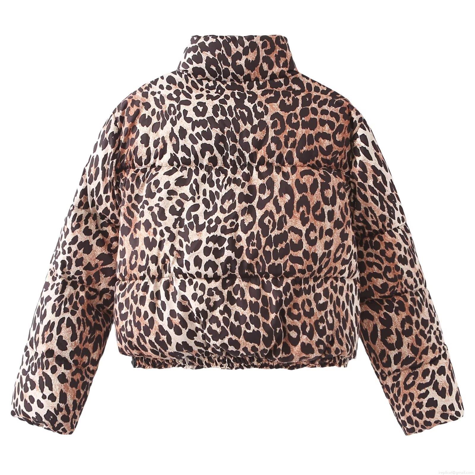 Women's Leopard Print Stand Collar Puffer Jacket Warm Zip Up Padded Coat Short Outerwear With Faux Silk Cotton Padding Fashion Streetwear For Autumn Winter