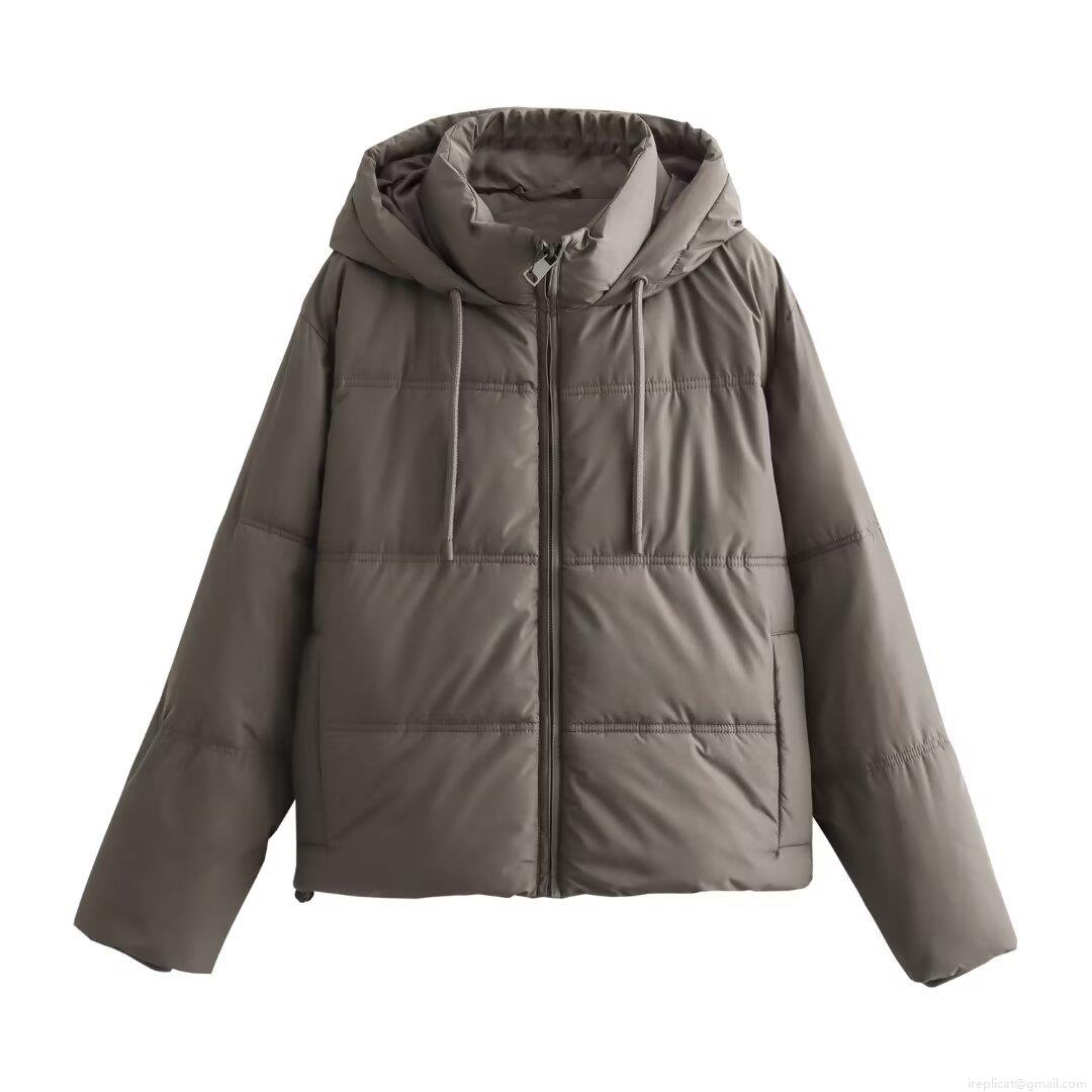 Women's Fashion Short Hooded Puffer Jacket Windproof Thick Padded Cotton Coat With Drawstring Hem Zipper Closure Long Sleeve Outerwear For Autumn Winter Casual Streetwear
