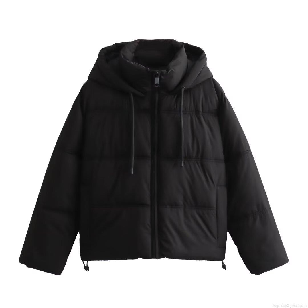 Women's Fashion Short Hooded Puffer Jacket Windproof Thick Padded Cotton Coat With Drawstring Hem Zipper Closure Long Sleeve Outerwear For Autumn Winter Casual Streetwear