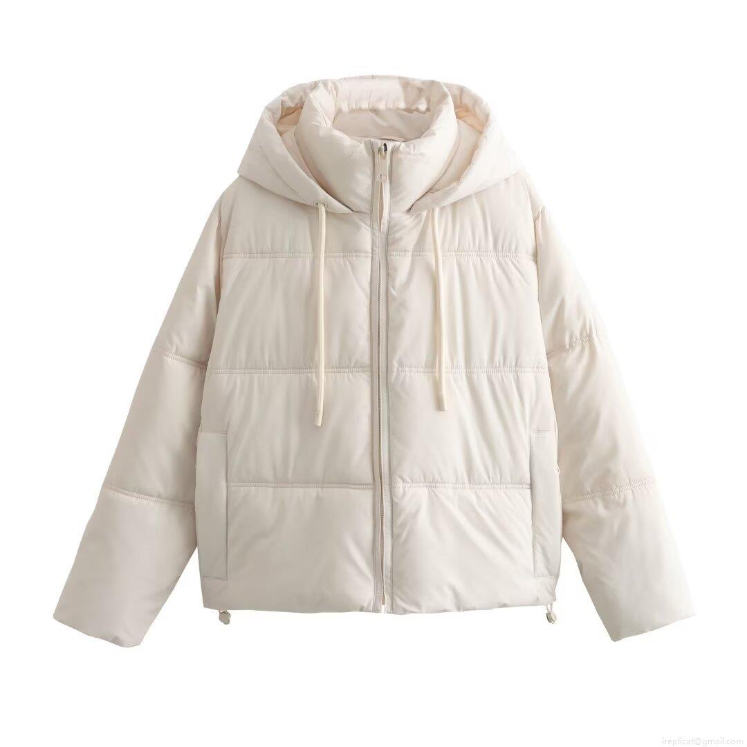 Women's Fashion Short Hooded Puffer Jacket Windproof Thick Padded Cotton Coat With Drawstring Hem Zipper Closure Long Sleeve Outerwear For Autumn Winter Casual Streetwear