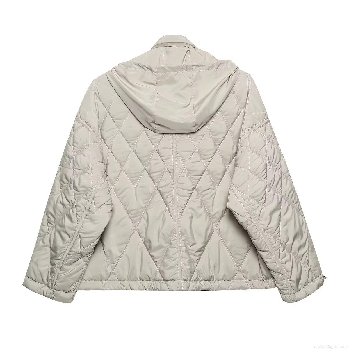 Women's Quilted Hooded Cotton Padded Jacket 100% Polyester Diamond Pattern Stand Collar Zipper Snap Button Outerwear For Winter Fashion