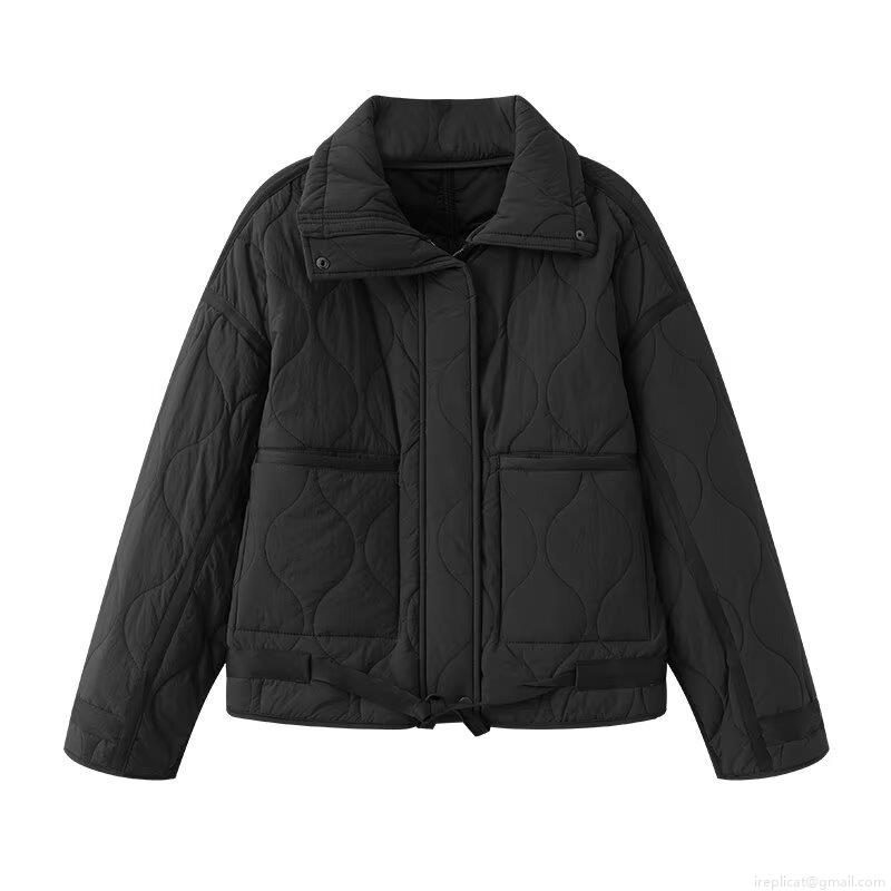 Women Fashion Quilted Padded Jacket Lightweight Stand Collar Zipper Puffer Coat Long Sleeve Outerwear With Pockets Solid Color Casual Warm Winter Jacket