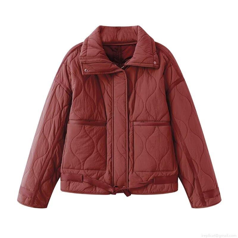 Women Fashion Quilted Padded Jacket Lightweight Stand Collar Zipper Puffer Coat Long Sleeve Outerwear With Pockets Solid Color Casual Warm Winter Jacket