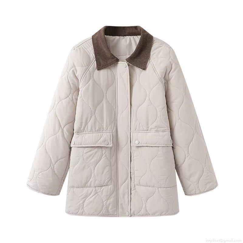 Women's Fashion Classic Quilted Padded Jacket Corduroy Contrast Lapel Collar Cotton Coat Mid-Length Warm Long Sleeve Outerwear For Autumn Winter Casual Daily Wear