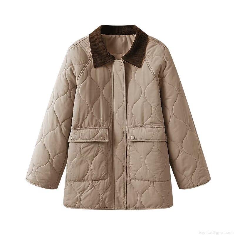 Women's Fashion Classic Quilted Padded Jacket Corduroy Contrast Lapel Collar Cotton Coat Mid-Length Warm Long Sleeve Outerwear For Autumn Winter Casual Daily Wear