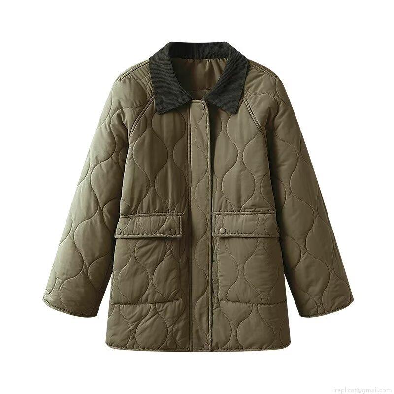 Women's Fashion Classic Quilted Padded Jacket Corduroy Contrast Lapel Collar Cotton Coat Mid-Length Warm Long Sleeve Outerwear For Autumn Winter Casual Daily Wear