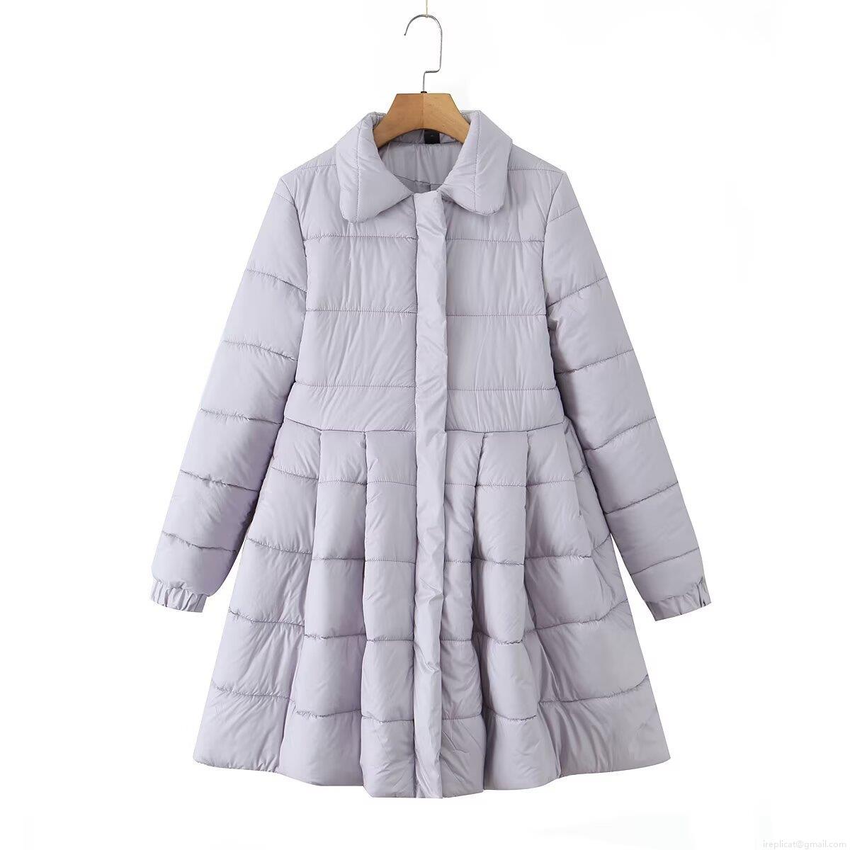 Women's European Style Lapel Long Sleeve Quilted Jacket With A-Line Flare Hem Winter Warm Padded Coat For Casual Outdoor Streetwear