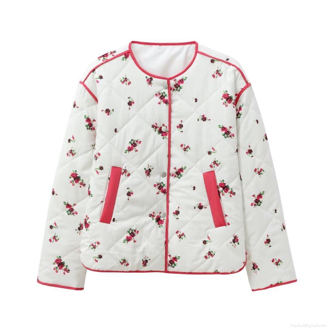 Women's Quilted Floral Print Cotton Padded Jacket Polyester Fabric Warm Lightweight Casual Coat For Winter Outdoor Streetwear Ladies Fashion Long Sleeve Outerwear