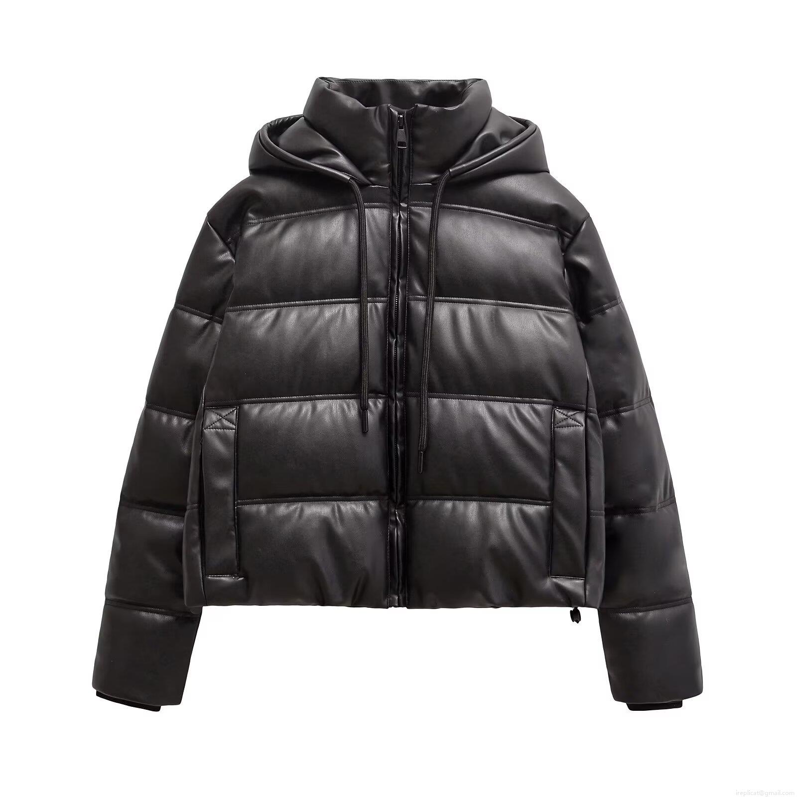 Women's Faux Leather Quilted Puffer Jacket Hooded Winter Padded Coat Warm Windproof Zip Up Short Outerwear Street Style Lady Fashion Coat