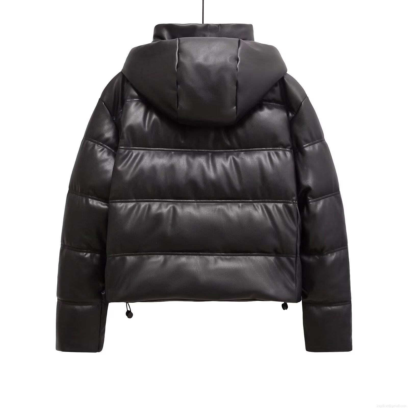 Women's Faux Leather Quilted Puffer Jacket Hooded Winter Padded Coat Warm Windproof Zip Up Short Outerwear Street Style Lady Fashion Coat