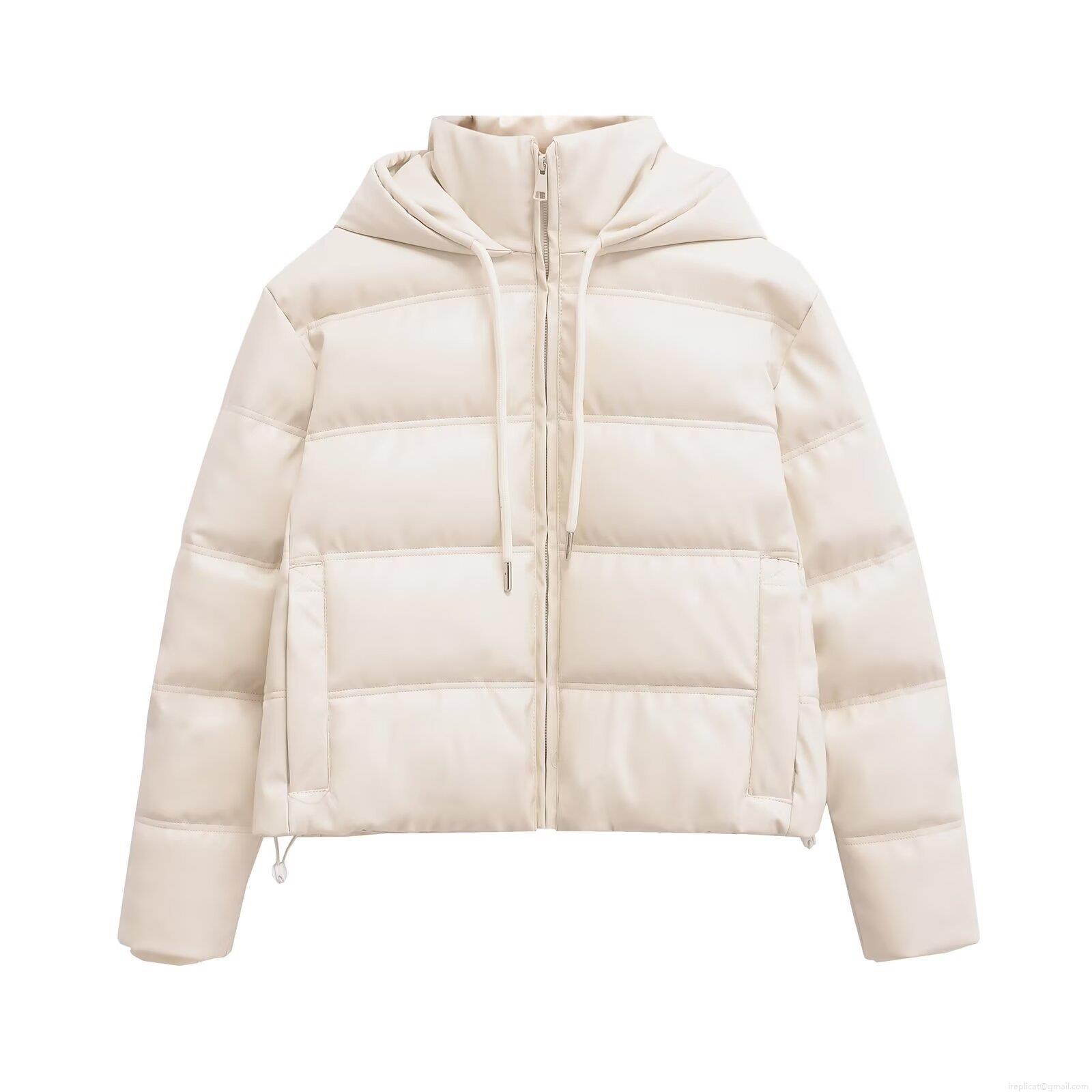 Women's Faux Leather Quilted Puffer Jacket Hooded Winter Padded Coat Warm Windproof Zip Up Short Outerwear Street Style Lady Fashion Coat