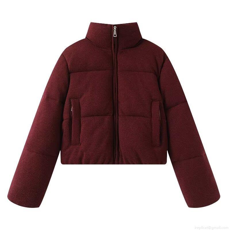 Women's Winter Knitted Stand Collar Puffer Jacket Casual Warm Solid Color Quilted Polyester Coat Long Sleeve Zipper Streetwear Outerwear For Women